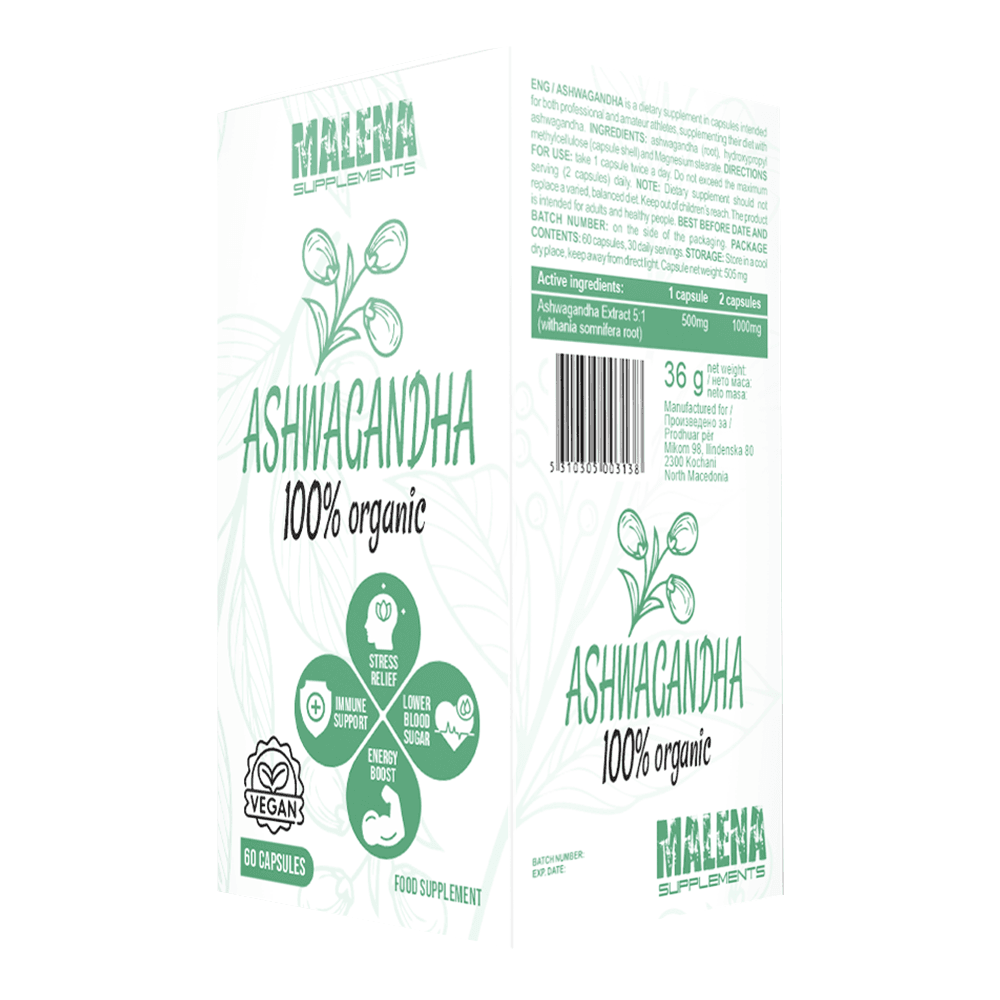 Шишенце од Malena Supplements 100% органска ашваганда со 60 капсули