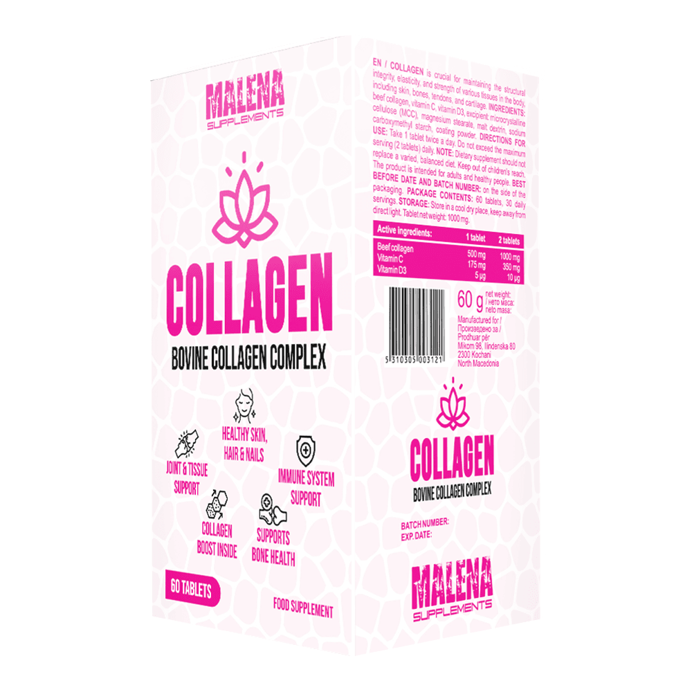 Шишенце од Malena Supplements Bovine Collagen Complex со 60 таблети говедски колаген