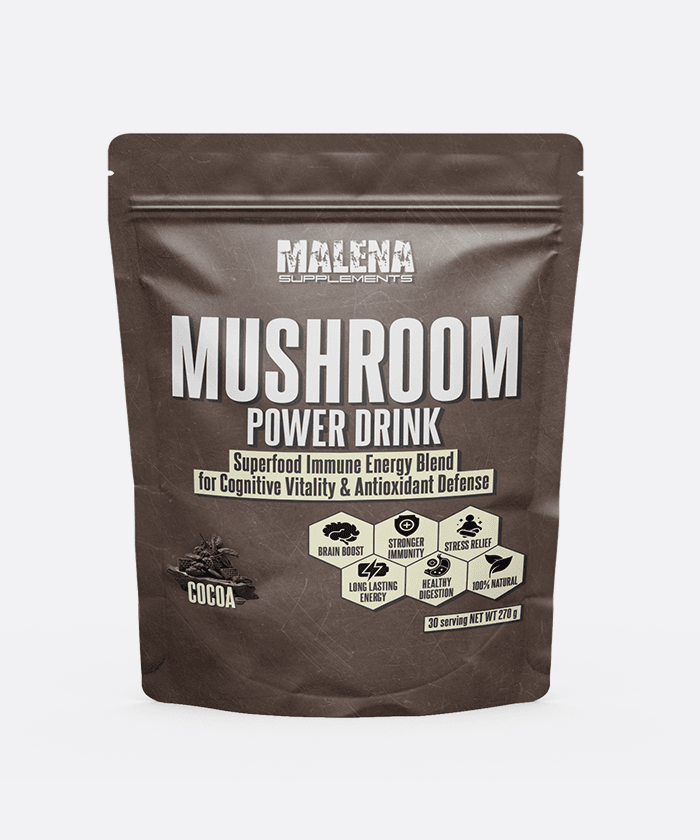 Пакување од Mushroom Power Drink - Superfood Immune Energy Blend For Cognitive Vitality & Antioxidant Defense - Malena Supplements