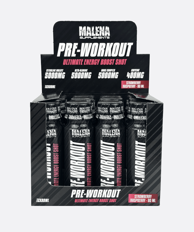 Пакување од Pre-workout Ultimate Energy Boost Shot 12x80ml Strawberry Raspberry - Malena Supplements