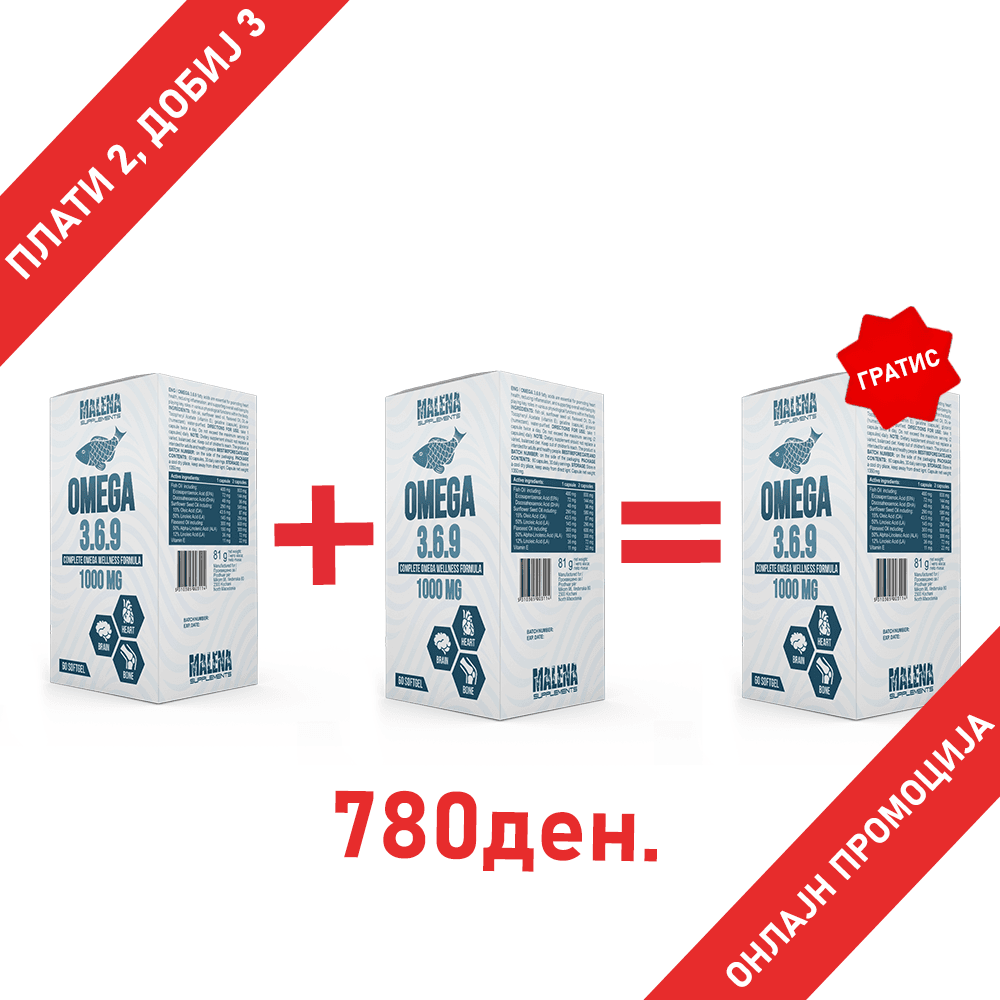 Три паковања од Malena Omega 3 6 9 со 60 софтгел капсули на 2+1 гратис понуда