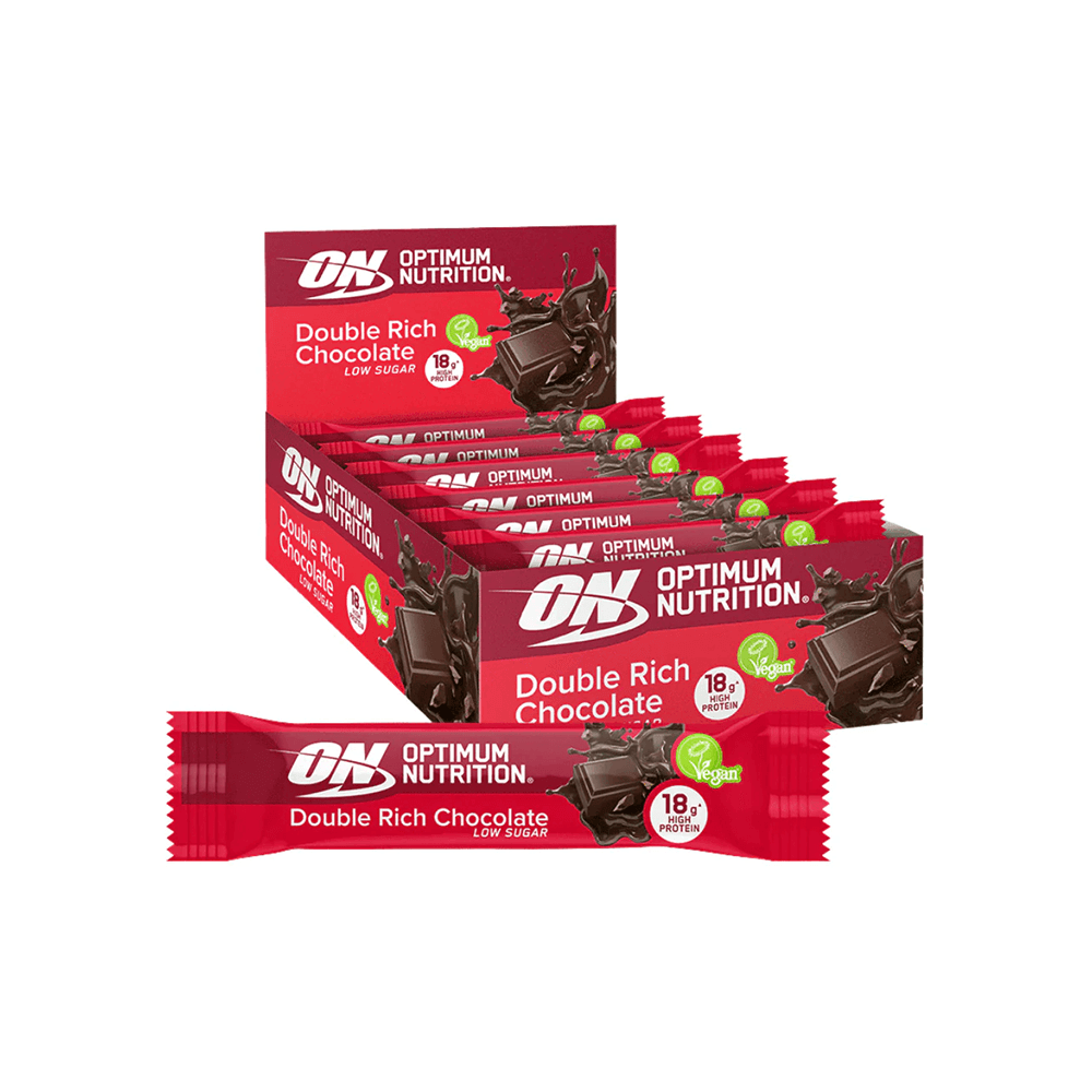 Кутија со 12 Optimum Nutrition протеински барови со вкус на дупло чоколадо