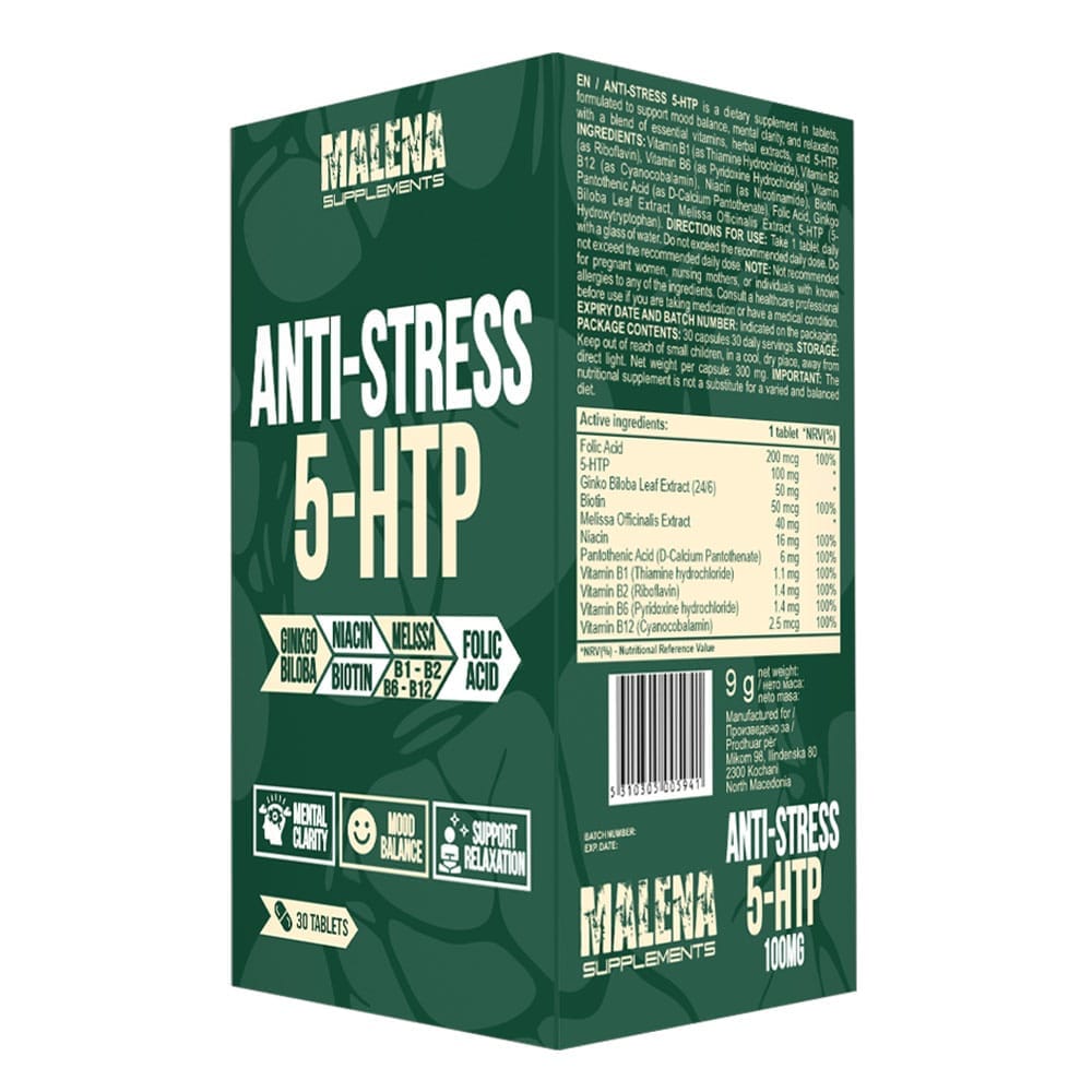 Пакување од Malena Supplements Anti Stress 5-HTP со 30 таблети против стрес