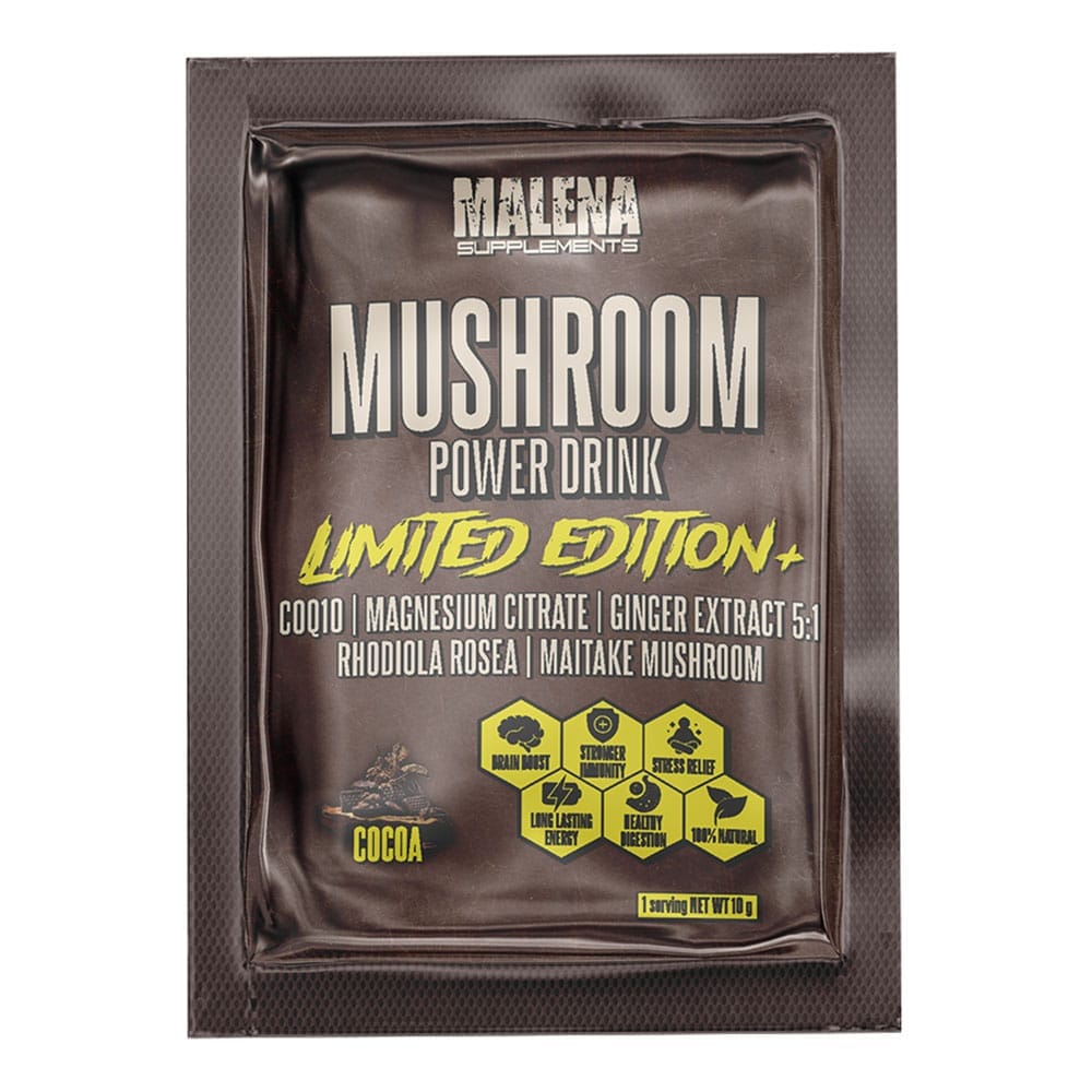 Една порција од Malena Supplements Mushroom Power Drink со CoQ10, Rhodiola и Maitake печурка