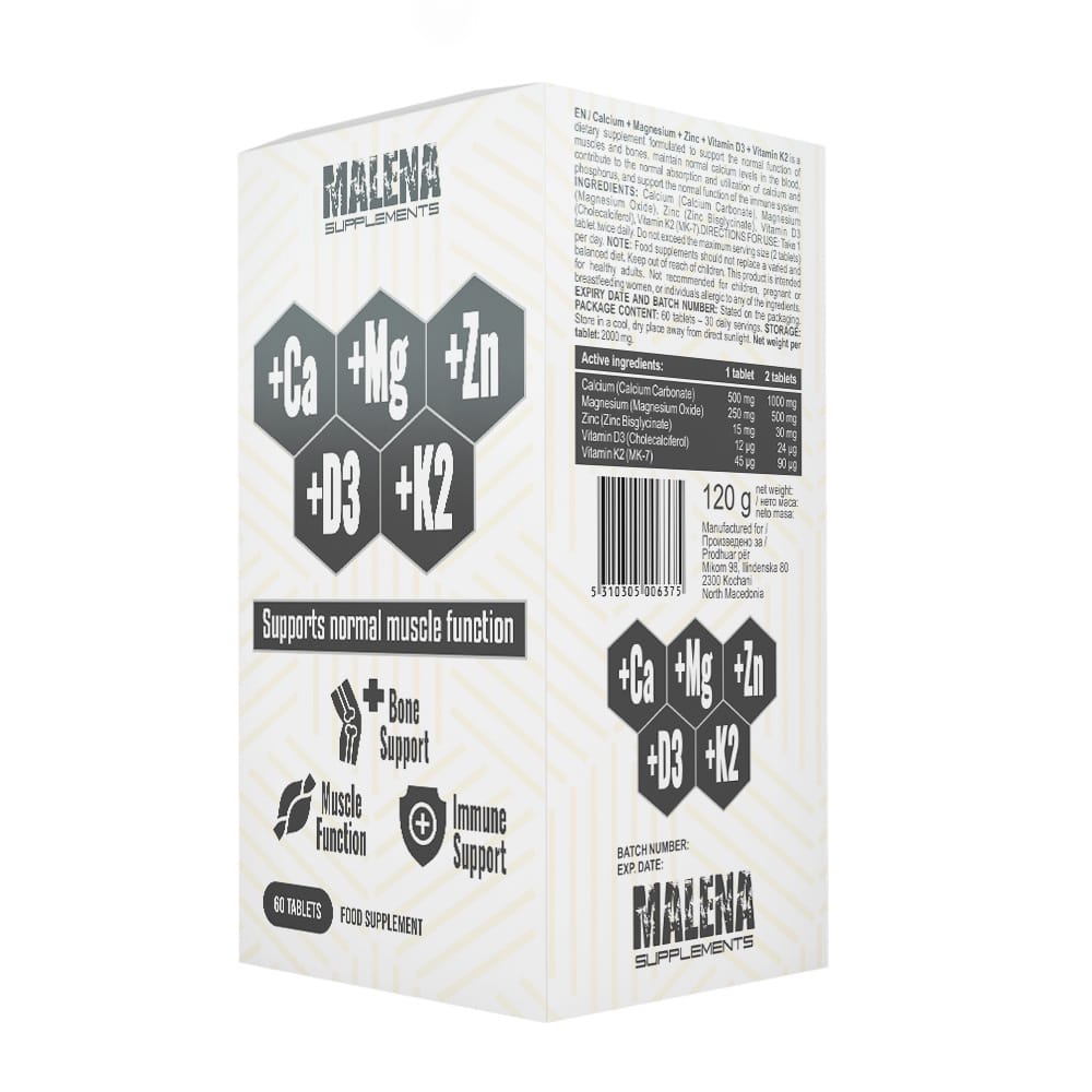 Пакување од Malena Supplements +Calcium +Magnesium +Zinc +D3 +K2