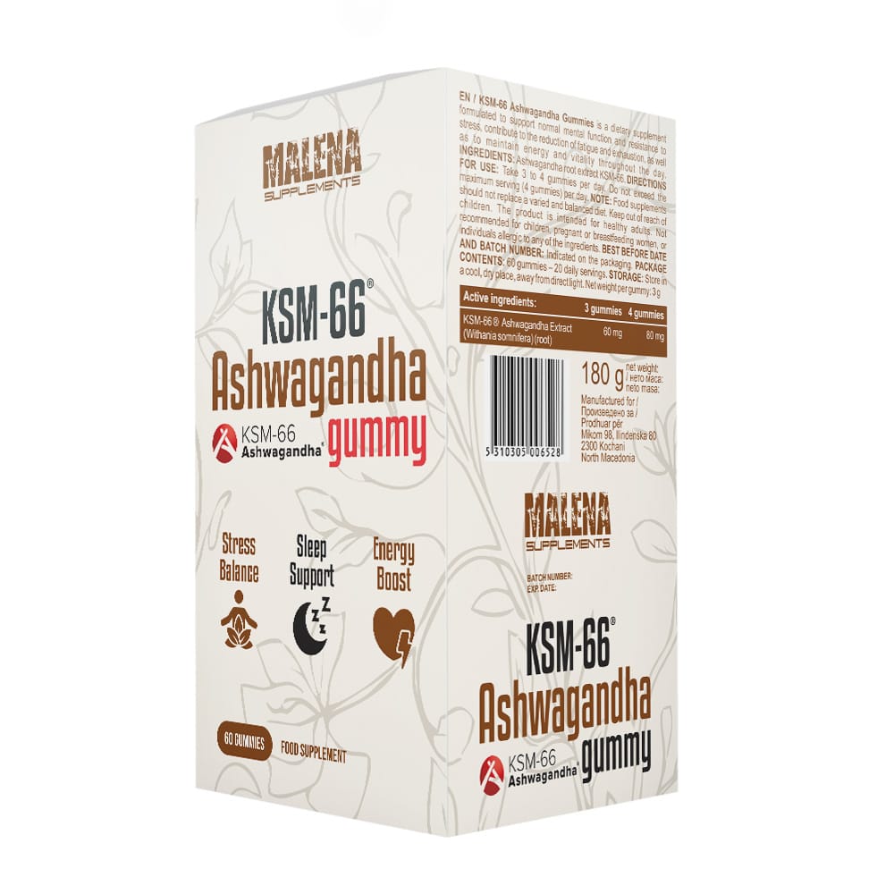 Пакување од Malena Supplements KSM 66 Ashwagnadha gummy 60 gummies