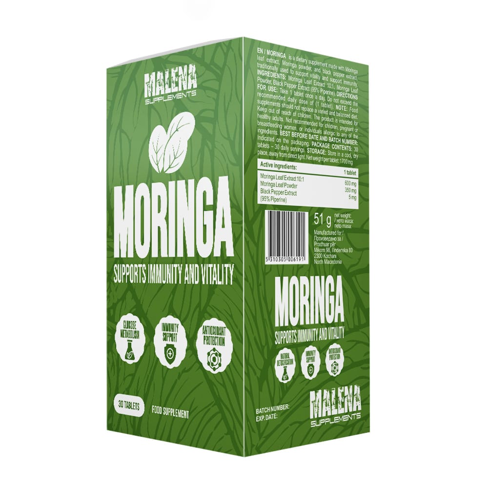 Пакување од Malena Supplements Moringa 30 tablets