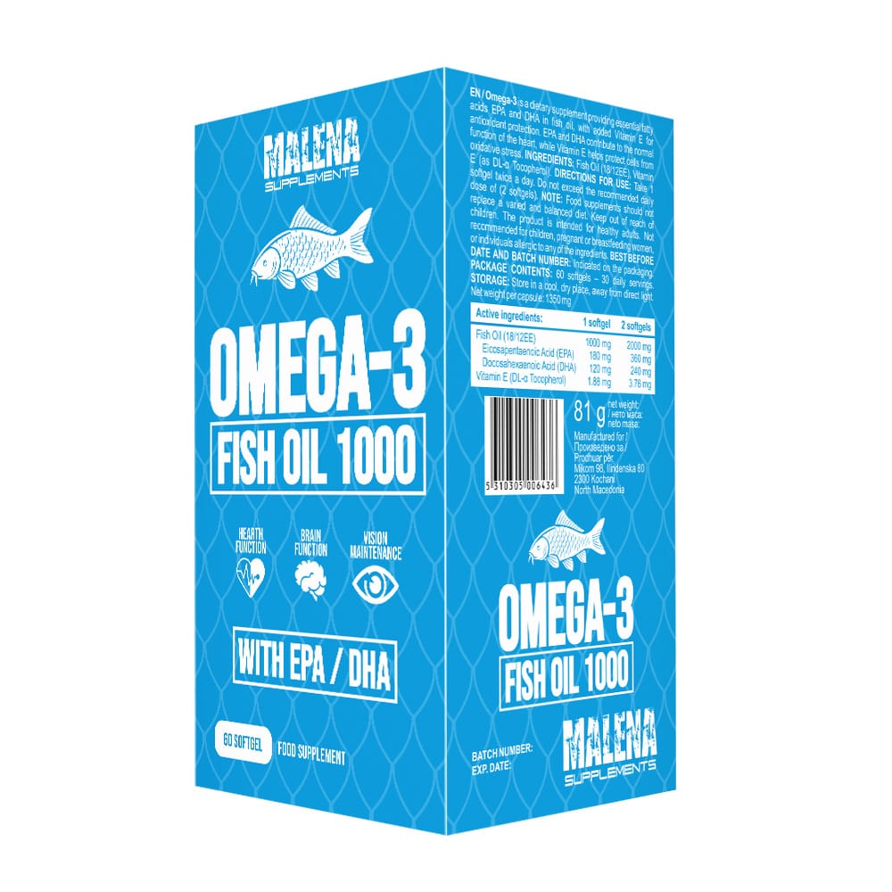 Пакување од Malena Supplements Omega 3 Fish Oil 1000 18/12 EE - 60 softgel