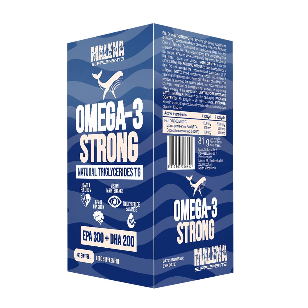 Пакување од Malena Supplements Omega 3 Strong EPA 300 DHA 200 - 60 softgel