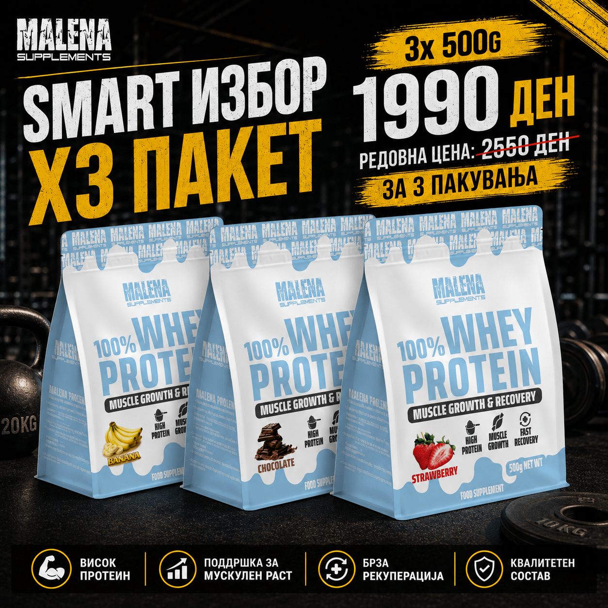 ПАКЕТ Х3 Malena 100% Whey Protein Muscle Growth & Recovery 500g